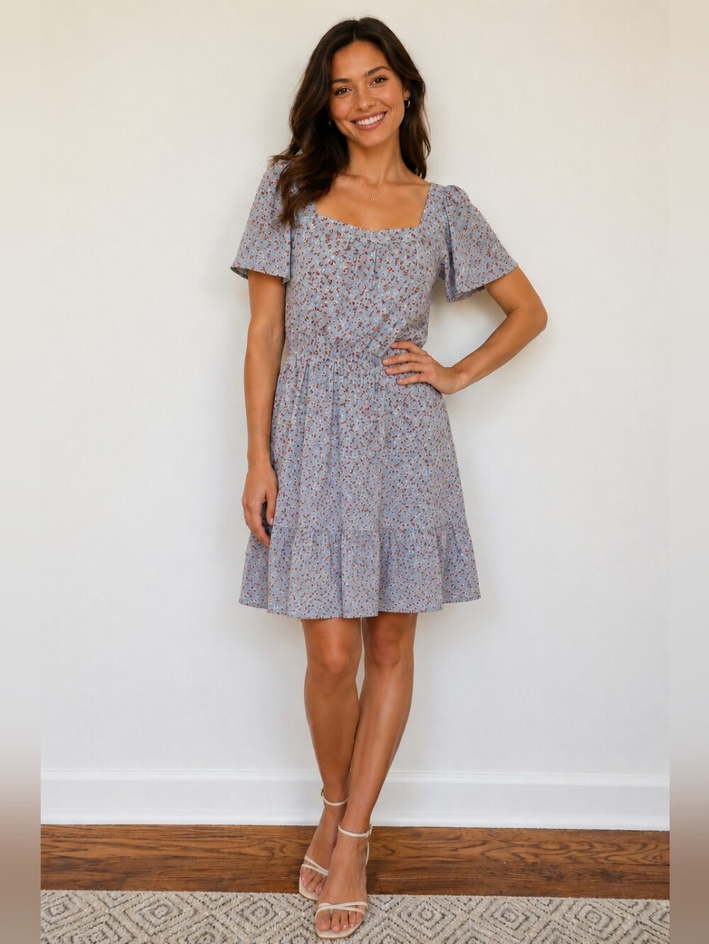 Monteau Las Angeles Floral Mini Dress Blue Pink Ditsy Floral Tier Cottagecore S